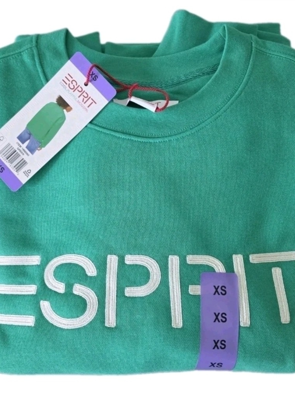 NWT ESPRIT Green Fleece Crewneck Embroidered Sweatshirt, Size X-Small